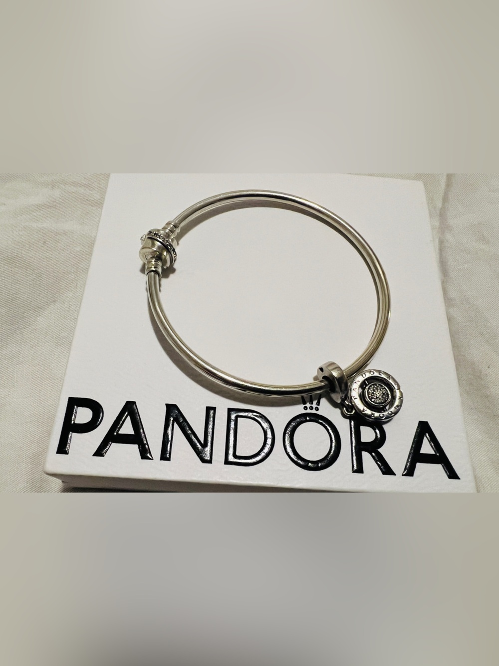 Pandora Silver Bangle Bracelet with Round Pavé Dangle Charm